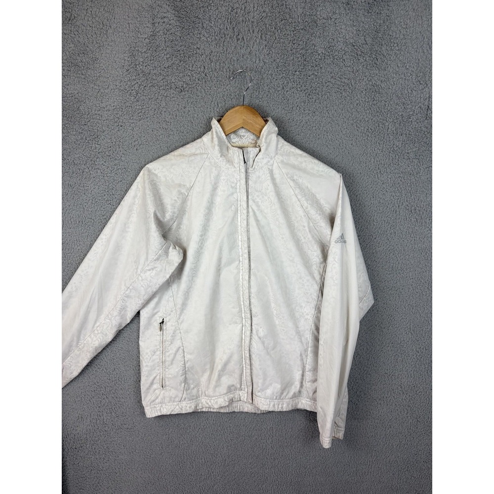 Adidas Windbreaker Jacket Women Medium White Paisley Full Zip Lined Top Athletic